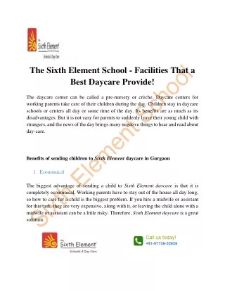 The Sixth Element School - Facilities That a Best Daycare Provide!