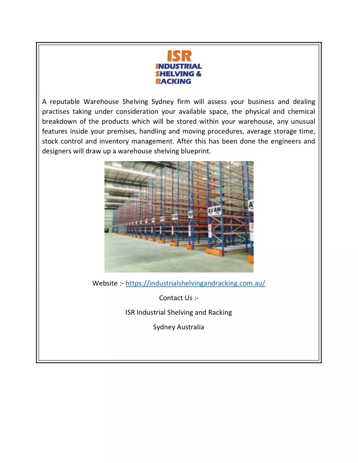 a reputable warehouse shelving sydney firm will