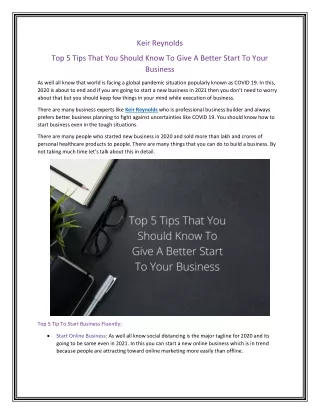 Keir Reynolds Top 5 Tips That You Should Know To Give A Better Start To Your Business