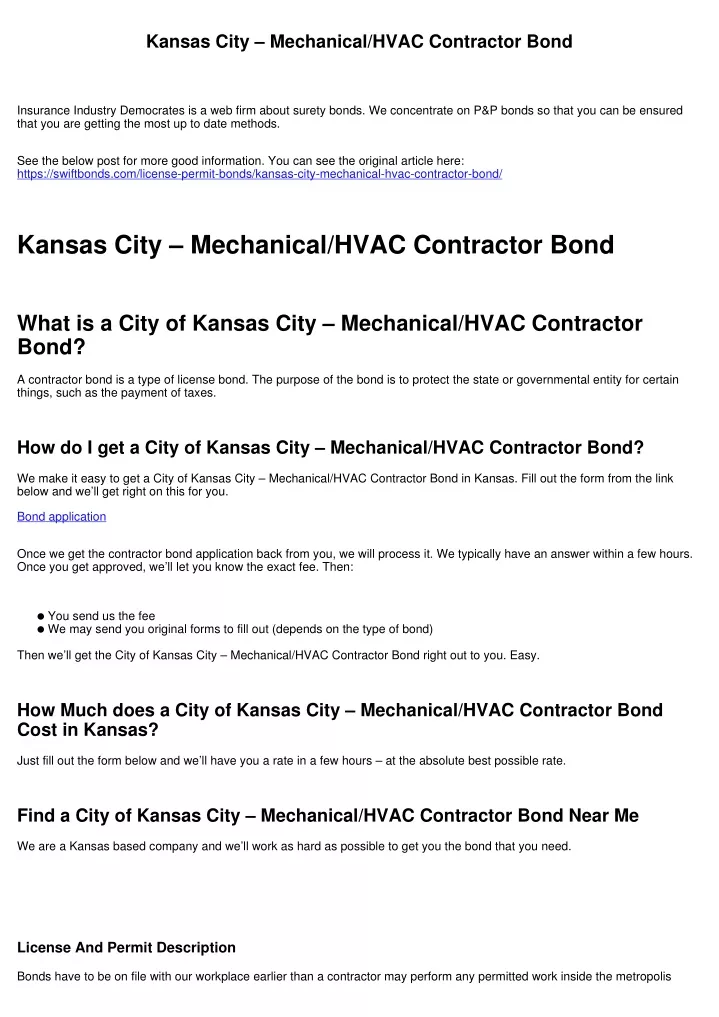 kansas city mechanical hvac contractor bond