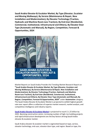Saudi Arabia Elevator & Escalator Market Competition, Forecast & Opportunities, 2024