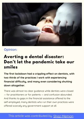 Averting a dental disaster Don’t let the pandemic take our smiles