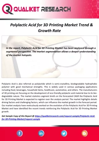 Polylactic Acid for 3D Printing Market  Forecast, Industry News, Development Opportunities & Challenges