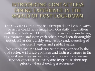 Introducing contactless Dining Experience in the world of post-lockdown