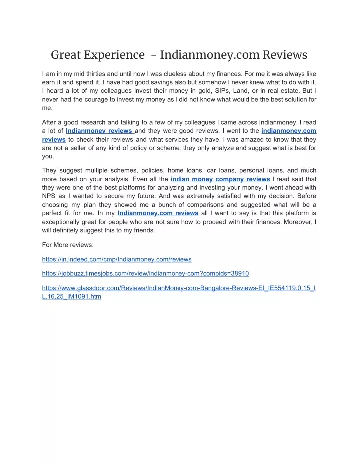 great experience indianmoney com reviews