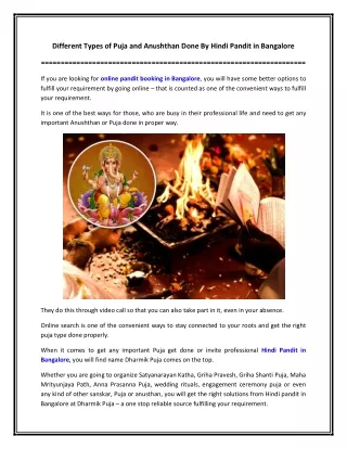 Different Types of Puja and Anushthan Done By Hindi Pandit in Bangalore