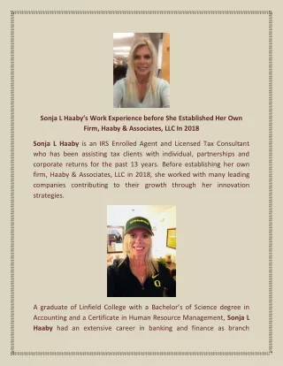 Sonja L Haaby’s Work Experience before She Established Her Own Firm, Haaby & Associates, LLC In 2018