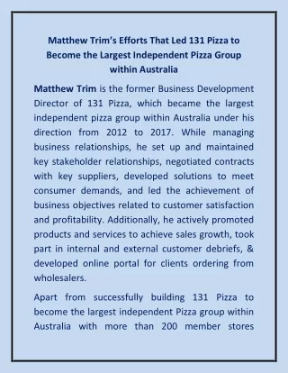 Matthew Trim’s Efforts That Led 131 Pizza to Become the Largest Independent Pizza Group within Australia
