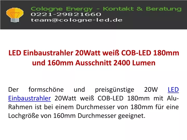 led einbaustrahler 20watt wei cob led 180mm und 160mm ausschnitt 2400 lumen