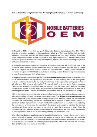OEM Mobile Batteries Explains How They Are Taking Revolutionary Step to Provide Clean Energy