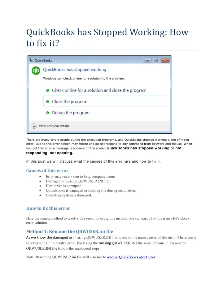 quickbooks has stopped working how to fix it