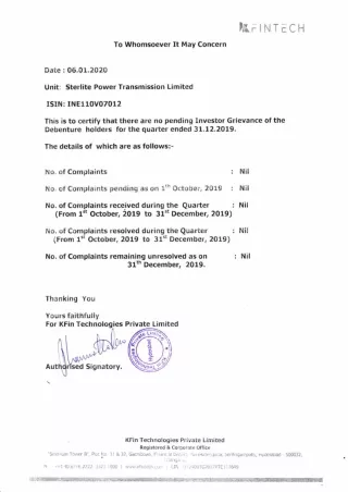 Debenture holders Investor Grievance Report Q1 FY 2019 20 (PDF)-Sterlite power