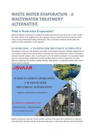 WASTE WATER EVAPORATION - A WASTEWATER TREATMENT ALTERNATIVE