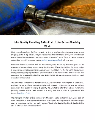 Hire Quality Plumbing & Gas Pty Ltd. for Better Plumbing Work