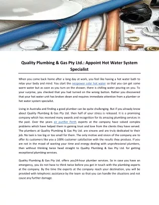 Quality Plumbing & Gas Pty Ltd.: Appoint Hot Water System Specialist