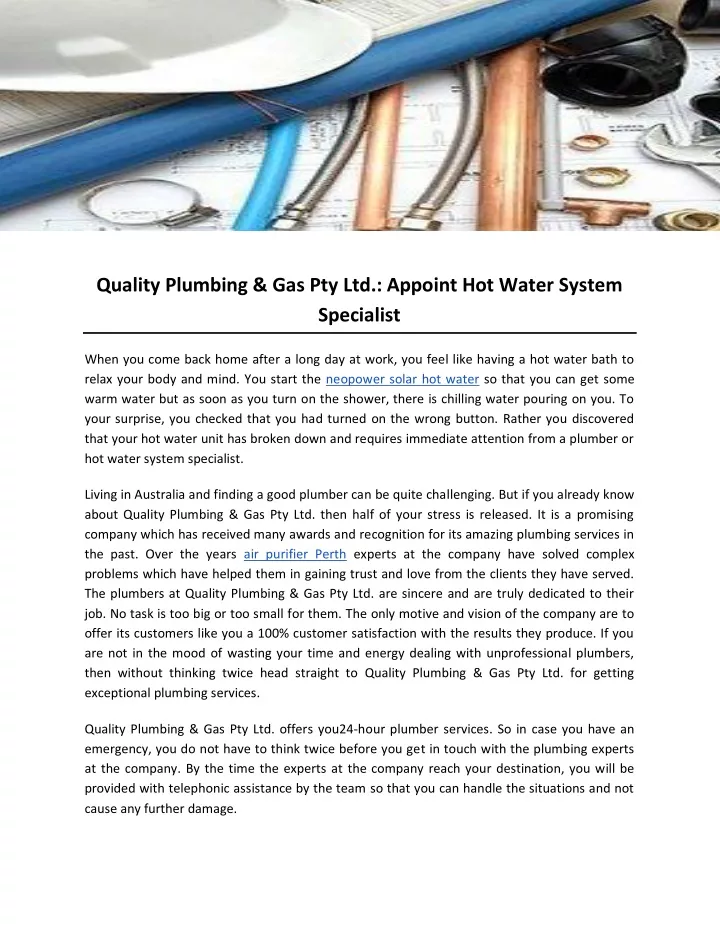 quality plumbing gas pty ltd appoint hot water
