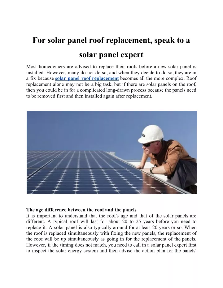 for solar panel roof replacement speak to a