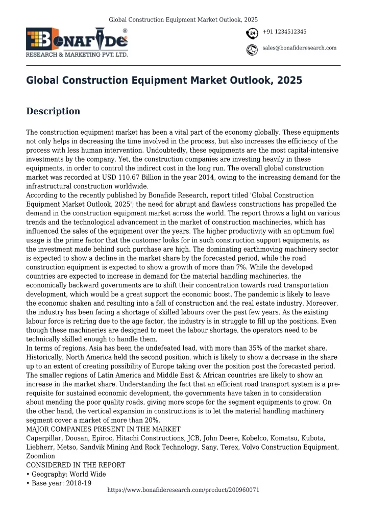 global construction equipment market outlook 2025