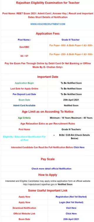 REET Exam 2021: Admit Card | Answer Key | Result and Important Dates