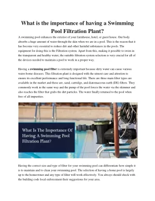 What is the importance of having a Swimming Pool Filtration Plant?