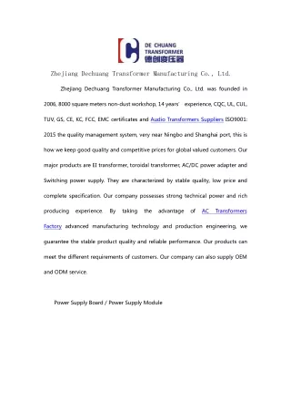 Zhejiang Dechuang Transformer Manufacturing Co., Ltd.
