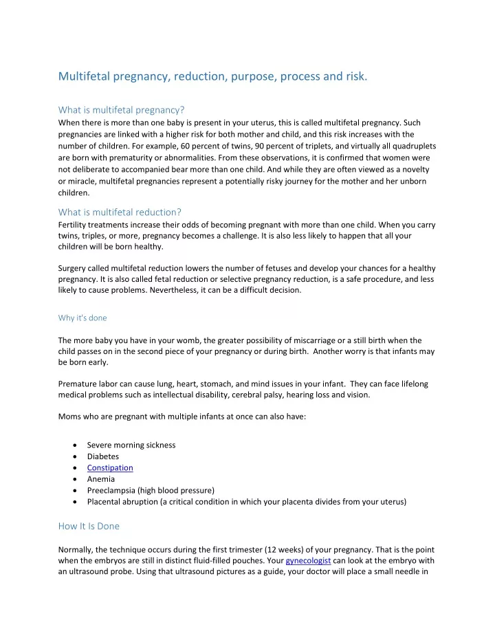 multifetal pregnancy reduction purpose process