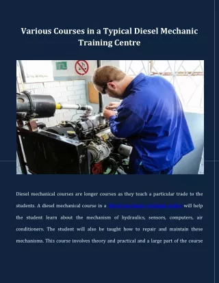 Various Courses in a Typical Diesel Mechanic Training Centre