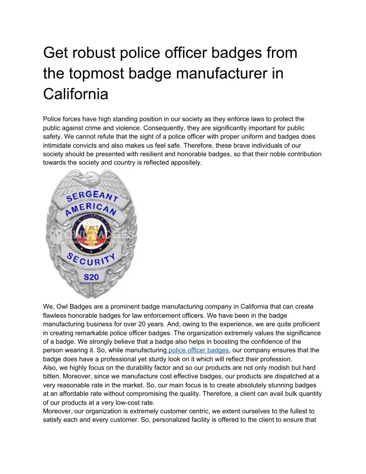 get robust police officer badges from the topmost