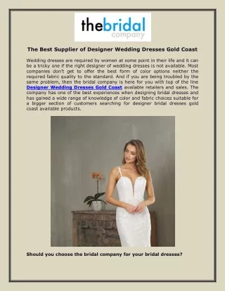 The Best Supplier of Designer Wedding Dresses Gold Coast