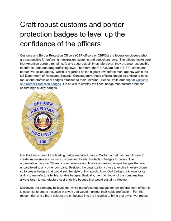 craft robust customs and border protection badges
