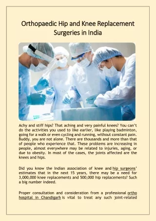 Orthopaedic hip and knee replacement surgeries in india