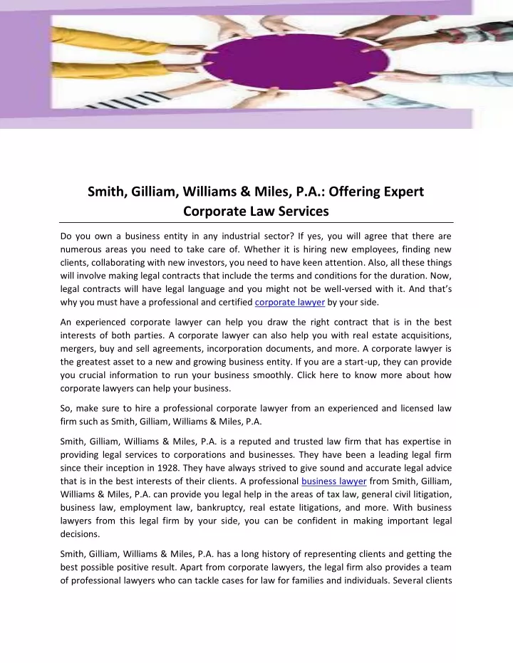 smith gilliam williams miles p a offering expert