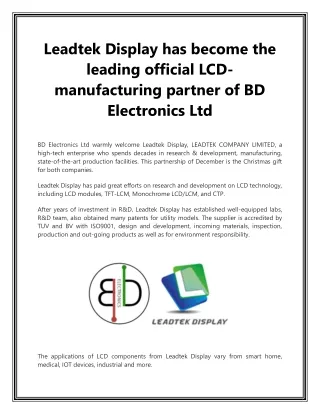 Leadtek Display has become the leading official LCD-manufacturing partner of BD Electronics Ltd