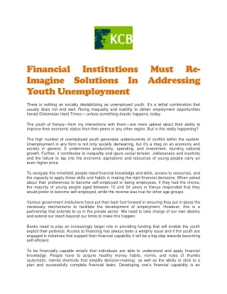 Financial Institutions Must Re-Imagine Solutions In Addressing Youth Unemployment