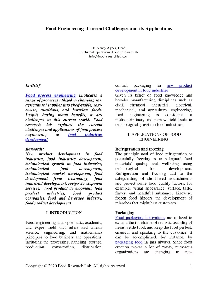 food engineering current challenges