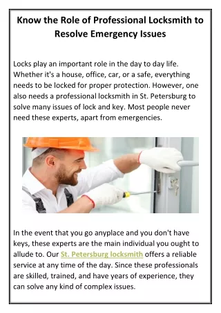 Know the Role of Professional Locksmith to Resolve Emergency Issues