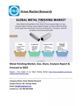 Metal Finishing Market Trends, Size, Competitive Analysis and Forecast 2019-2025