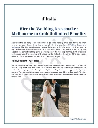 Hire the Wedding Dressmaker Melbourne to Grab Unlimited Benefits