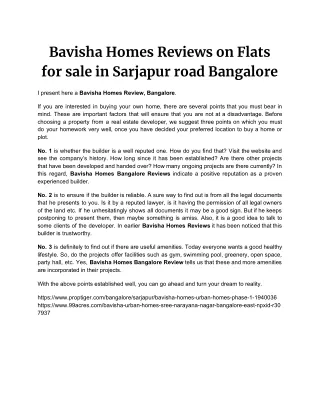 Bavisha Homes Reviews on Flats for sale in Sarjapur road Bangalore