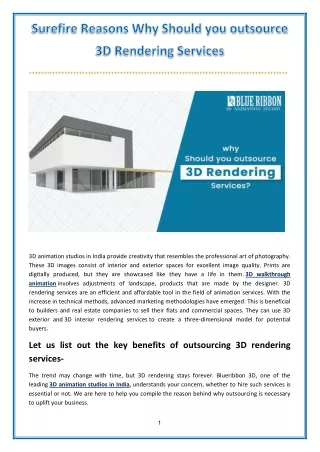 Surefire Reasons Why Should you Outsource 3D Rendering Services