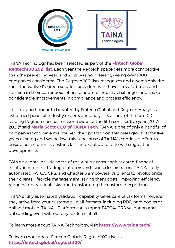 taina technology has been selected as part