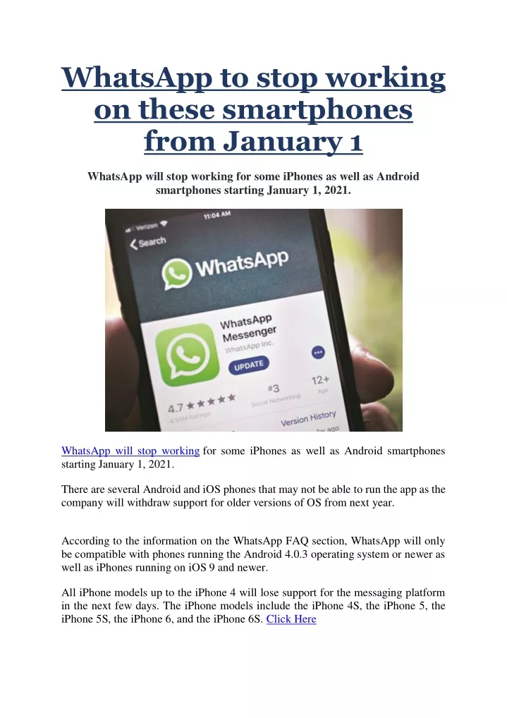 whatsapp to stop working on these smartphones
