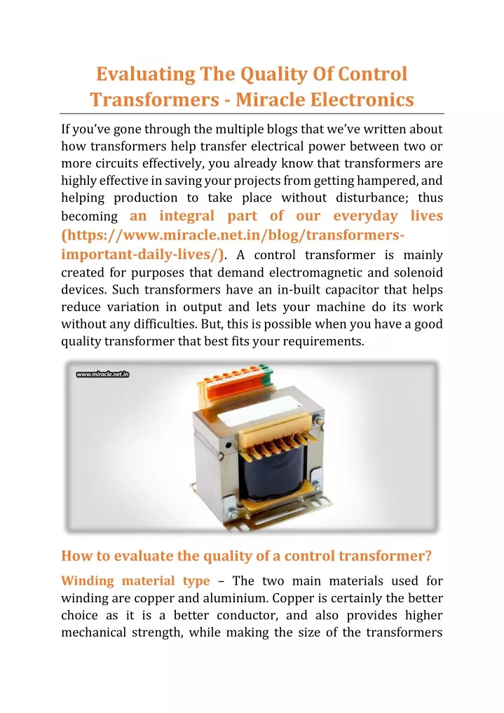 evaluating the quality of control transformers
