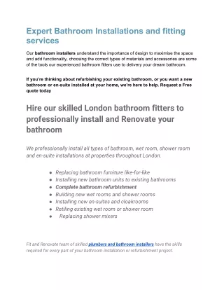 Expert Bathroom Installations and fitting services