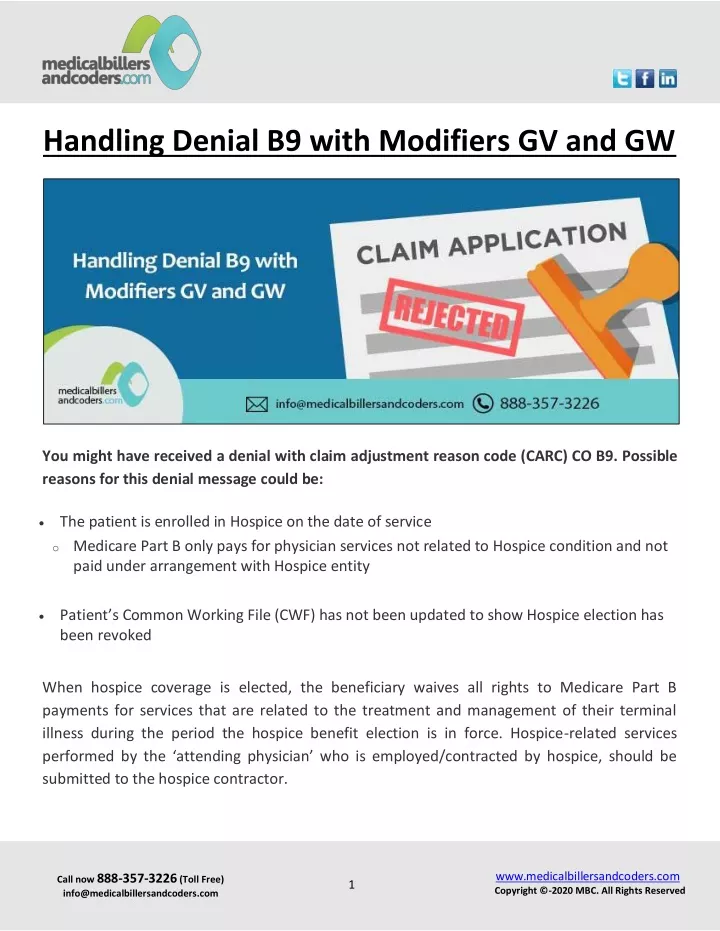 handling denial b9 with modifiers gv and gw