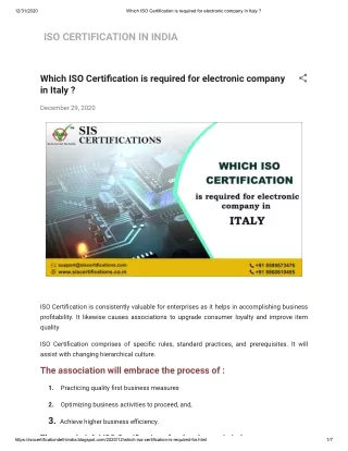 Which ISO Certification is required for electronic company in Italy?