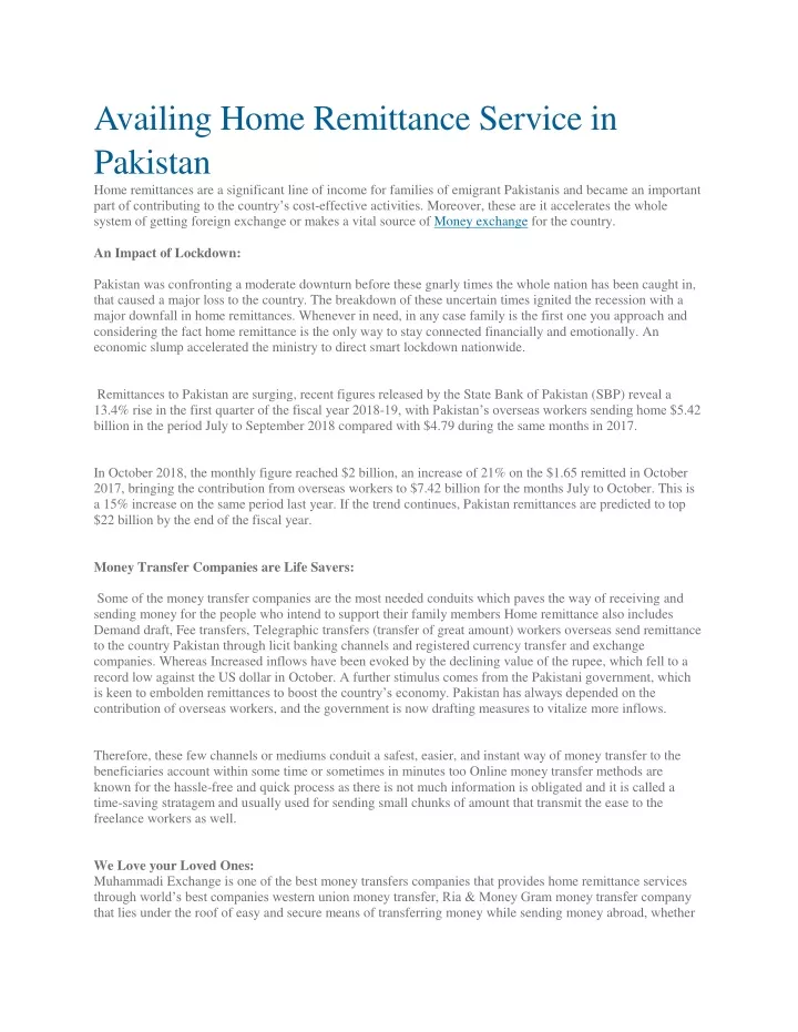 availing home remittance service in pakistan home