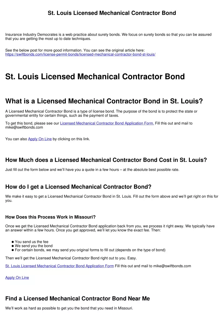 st louis licensed mechanical contractor bond