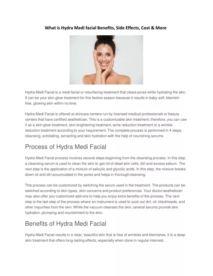 what is hydra medi facial benefits side effects