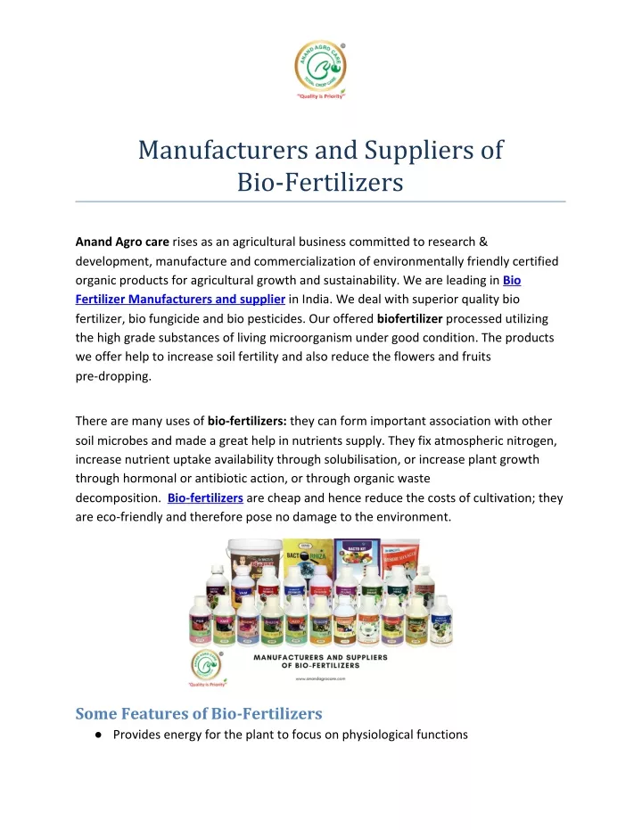 manufacturers and suppliers of bio fertilizers